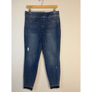 Spanx Ankle Jean-ish Leggings Distressed Raw Hem Indigo Blue Large Petite L/G